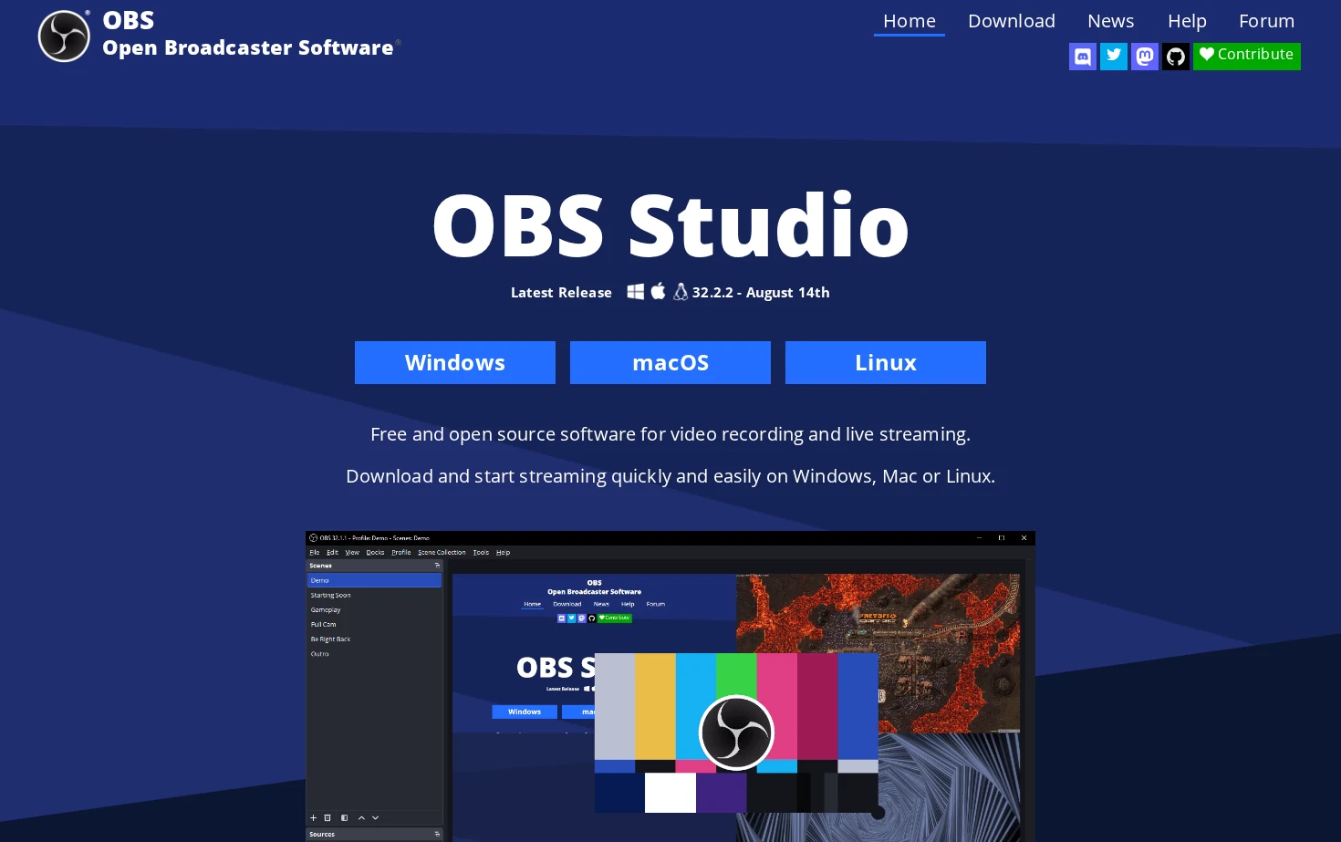 Open Broadcaster Software 页面快照